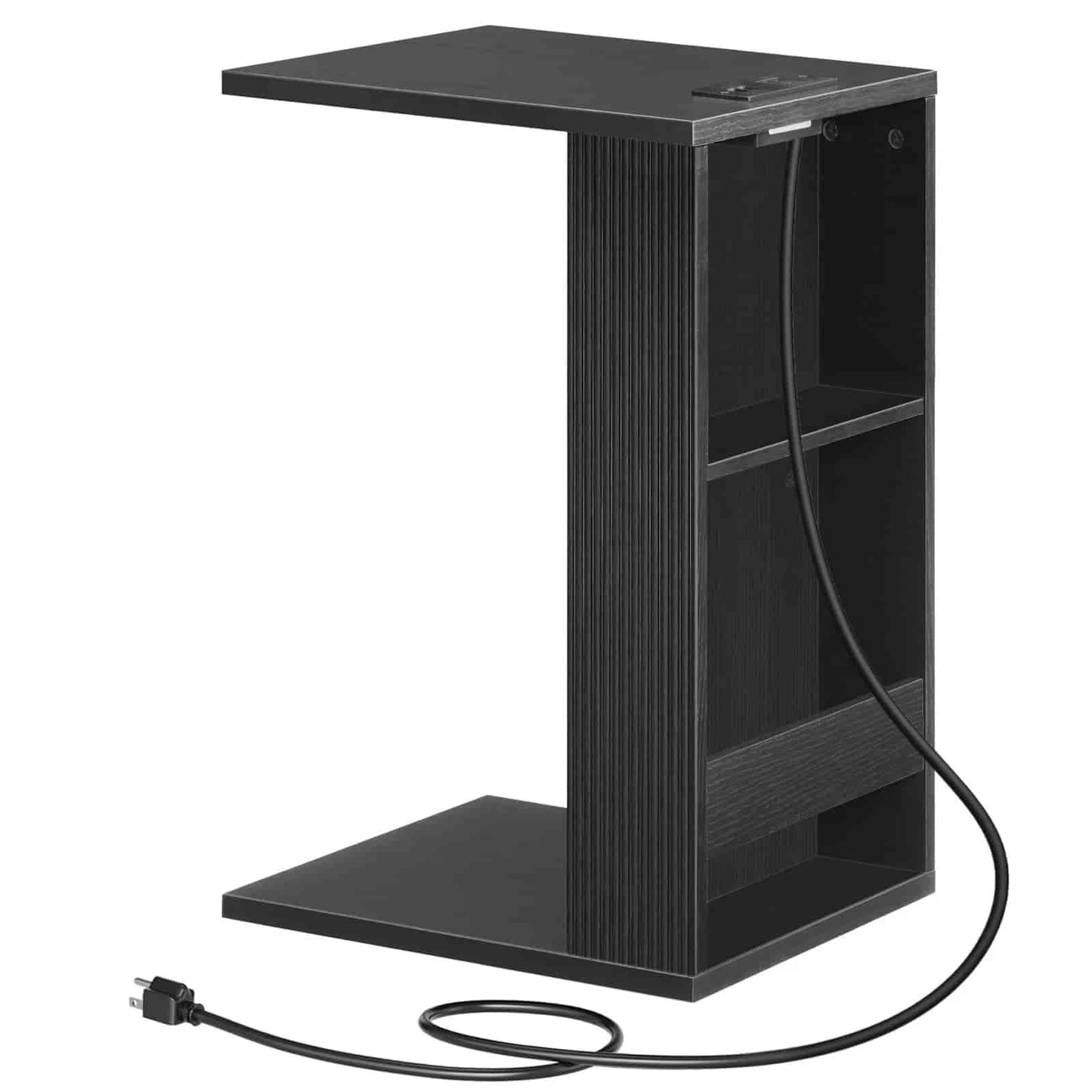 Black side table with power outlet and cable on a white background