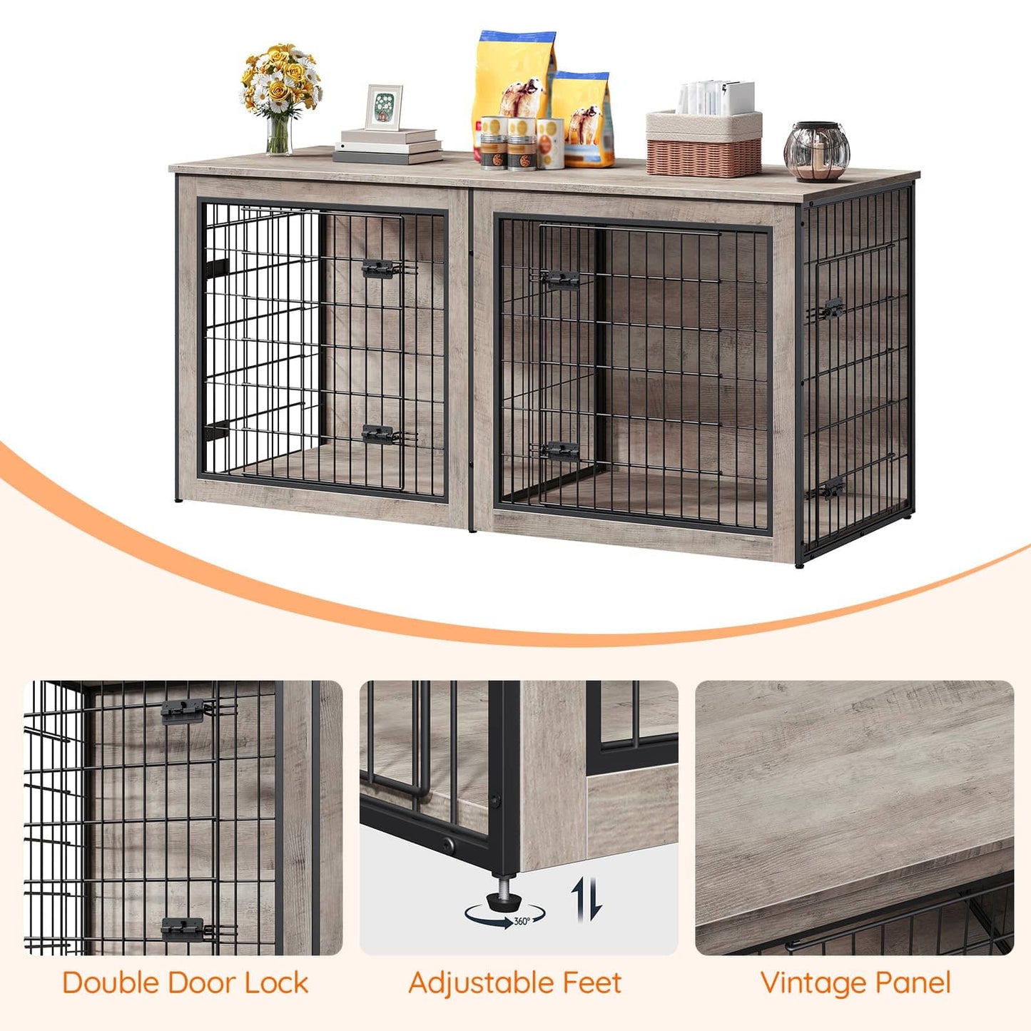 A pet playpen shown as a two-compartment cage with a rustic wood-look panel design and black metal wire grids. The main product photo is above a curved orange line, with three feature callout panels below labeled 'Double Door Lock,' 'Adjustable Feet,' and 'Vintage Panel.