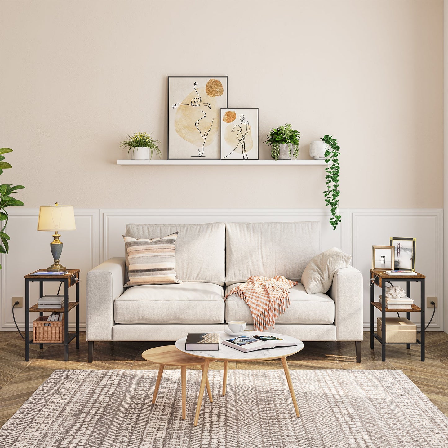 Modern living room with a beige sofa, coffee table, and decorative items.