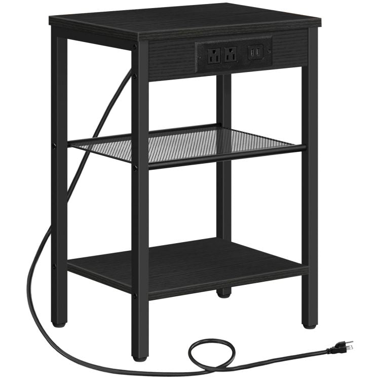 HOOBRO End Table with Charging Station and USB Ports, 3-Tier Nightstand with Adjustable Shelf, Narrow Side Table for Small Space in Living Room