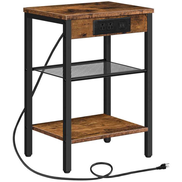 HOOBRO End Table with Charging Station and USB Ports, 3-Tier Nightstand with Adjustable Shelf, Narrow Side Table for Small Space in Living Room