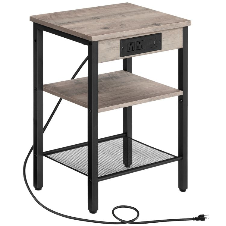 HOOBRO End Table with Charging Station and USB Ports, 3-Tier Nightstand with Adjustable Shelf, Narrow Side Table for Small Space in Living Room