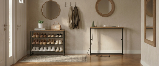 small entryway storage ideas with shoe rack and narrow console table