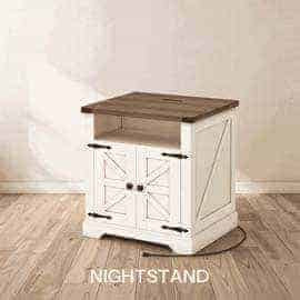 White and rustic brown wooden farmhouse bedside table with barn door cabinet by HOOBRO