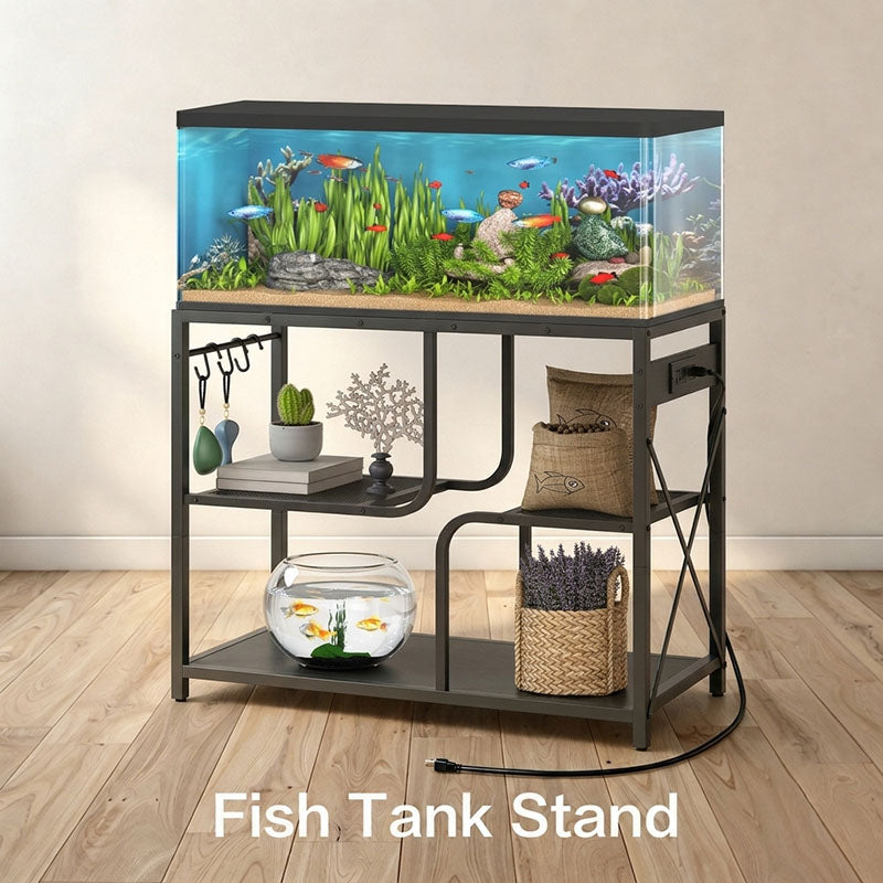 The living room is placed 20-gallon aquarium stand with cabinet & shelves