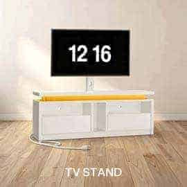 HOOBRO modern white TV stand with warm LED lights and storage drawers holding a flat screen television