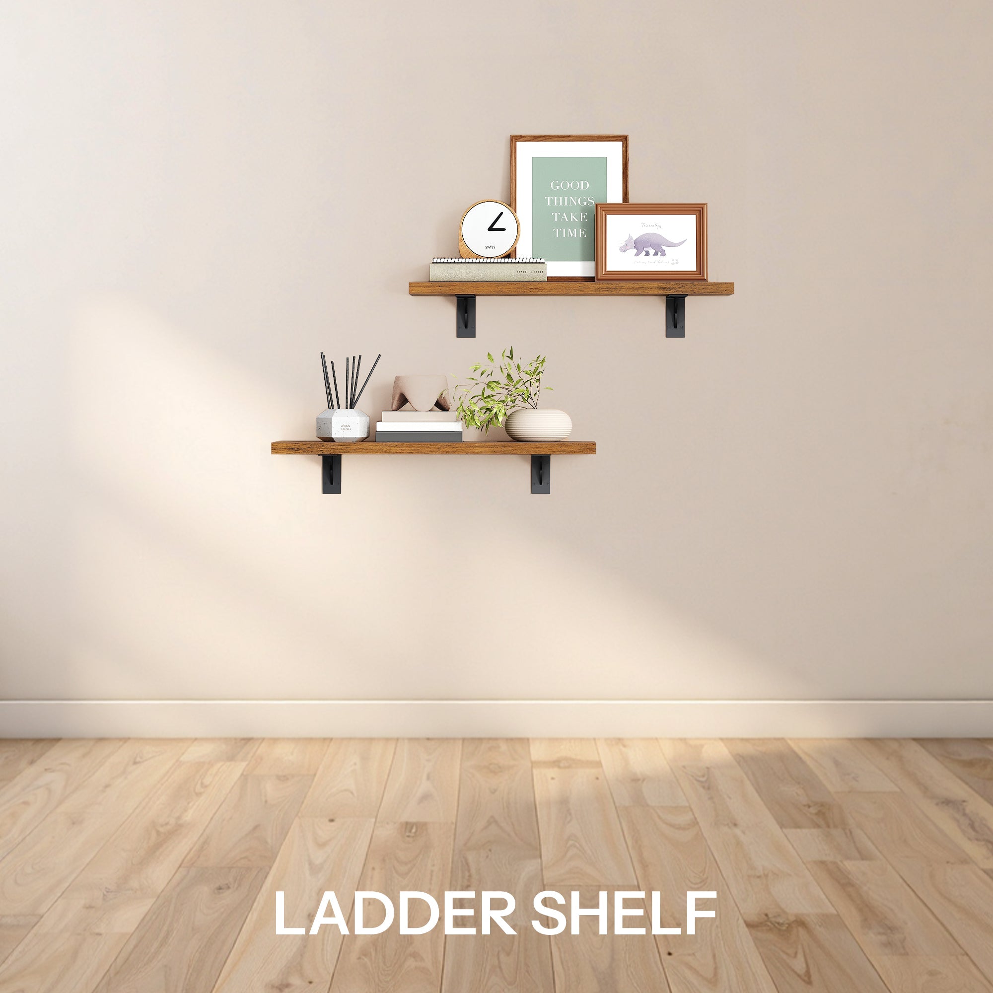 Set of 2 HOOBRO wall-mounted rustic brown wooden ladder shelves with black metal brackets displaying decor pieces