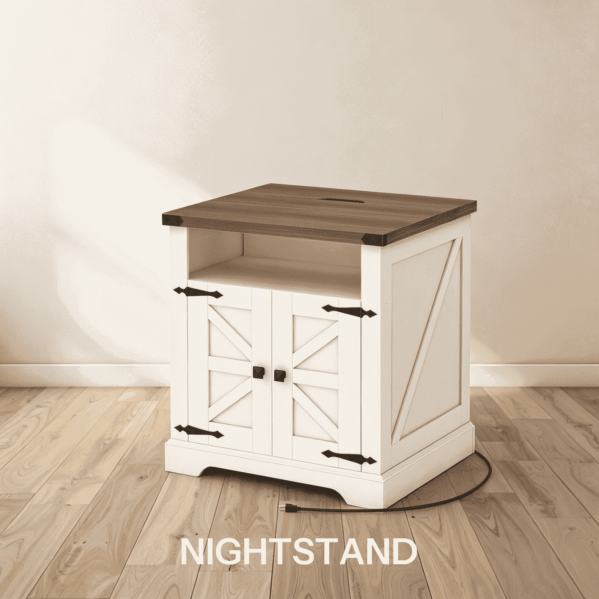 White and rustic brown wooden farmhouse bedside table with barn door cabinet by HOOBRO