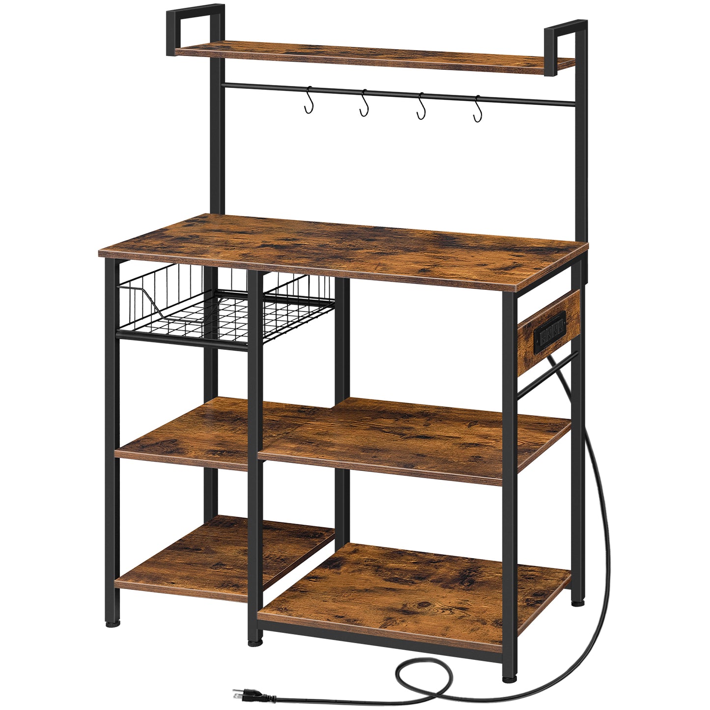 HOOBRO 35.4-inch Bakers Rack with Power Outlet & Mesh Basket & Microwave Bracket