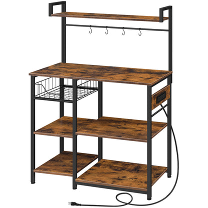 HOOBRO 35.4-inch Bakers Rack with Power Outlet & Mesh Basket & Microwave Bracket