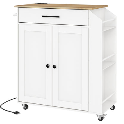 White kitchen cart with wooden top on a white background