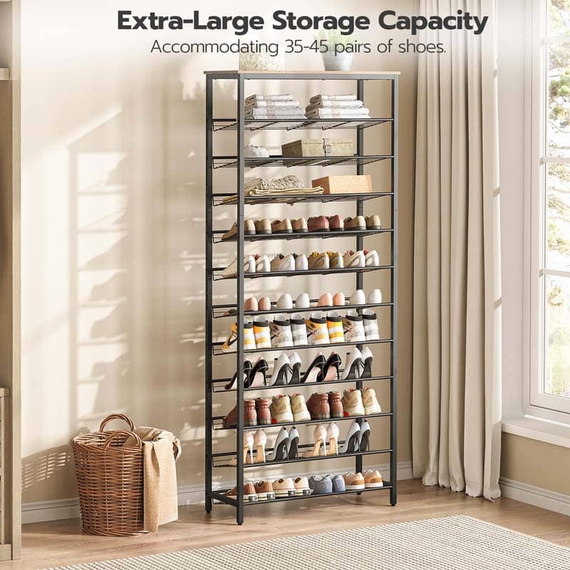 HOOBRO 12-tier tall shoe rack organizer holding multiple pairs of shoes in a bright farmhouse entryway corridor.