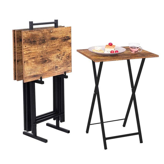 Folding snack tables for the living room showing one table collapsed on a rack and one holding food.