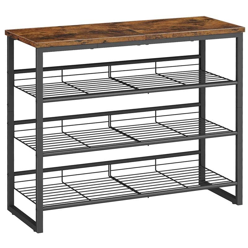 A 4-tier shoe rack with a rustic brown wood-grain top and a black metal frame with wire shelves, shown on a plain white background.