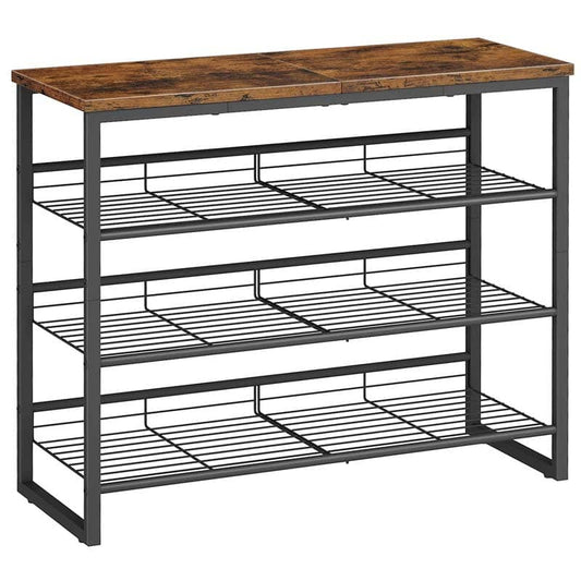 A 4-tier shoe rack with a rustic brown wood-grain top and a black metal frame with wire shelves, shown on a plain white background.