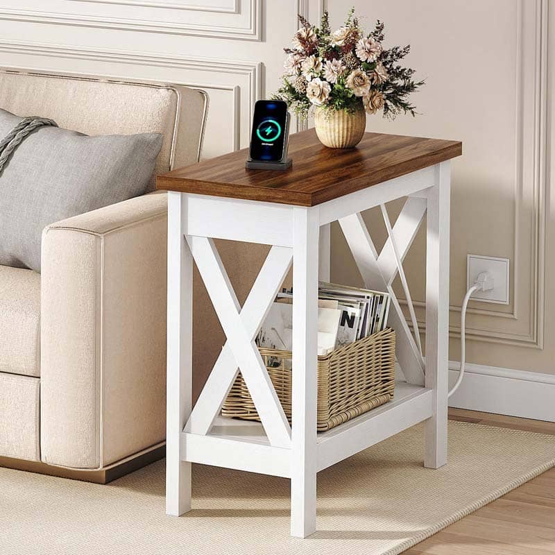 Small wooden side table with white base in a living room setting.