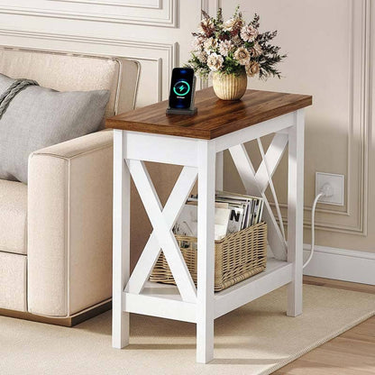 Small wooden side table with white base in a living room setting.