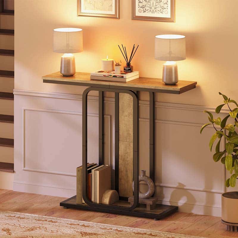 HOOBRO slim entryway console table with a rustic brown wood top holding two lighted table lamps in a cozy foyer.