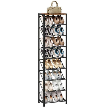 Best industrial shoe rack with 9 slanted shelves and a wooden top rustic storage stand
