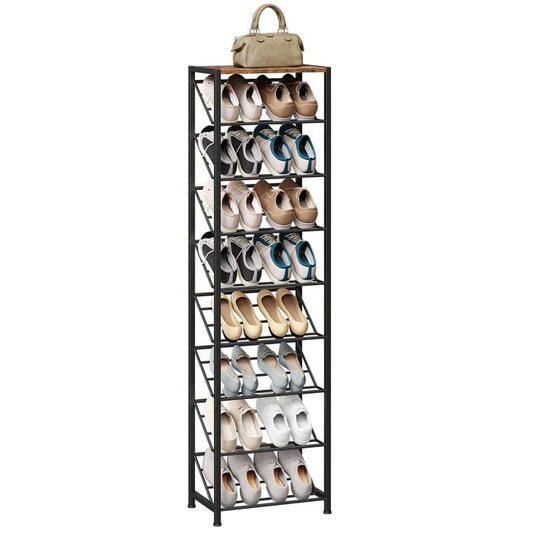 Best industrial shoe rack with 9 slanted shelves and a wooden top rustic storage stand