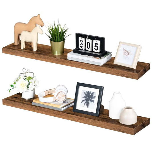 Set of 2 39.4-inch long wall-mounted shelves displaying photo frames and decorative plants.
