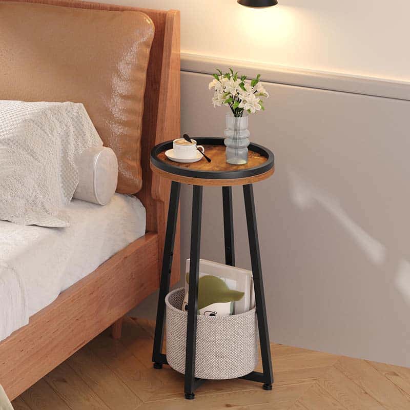HOOBRO round end table with a cotton-linen storage basket standing as a bedroom nightstand holding a flower vase.