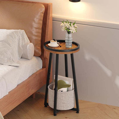 HOOBRO round end table with a cotton-linen storage basket standing as a bedroom nightstand holding a flower vase.