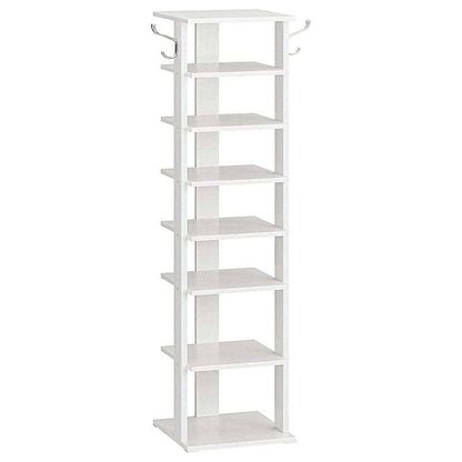 A tall white 8-tier shoe rack with two metal coat hooks on the top shelf, shown against a plain white background.