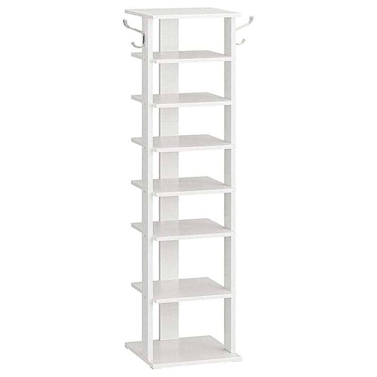 A tall white 8-tier shoe rack with two metal coat hooks on the top shelf, shown against a plain white background.