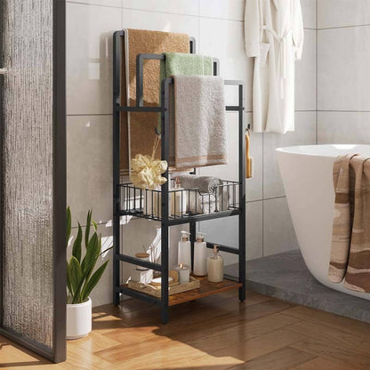 Bathroom with a black metal shelf holding towels and toiletries, next to a bathtub.
