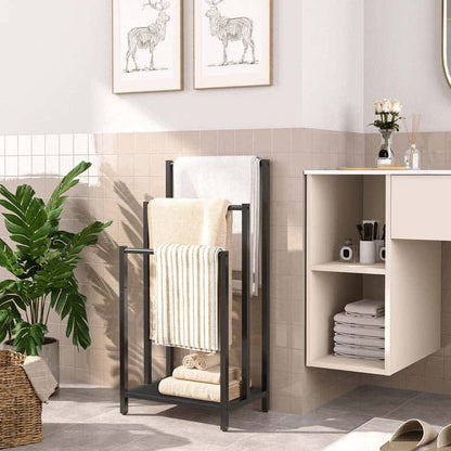 Bathroom with towel rack, shelves, and decorative elements