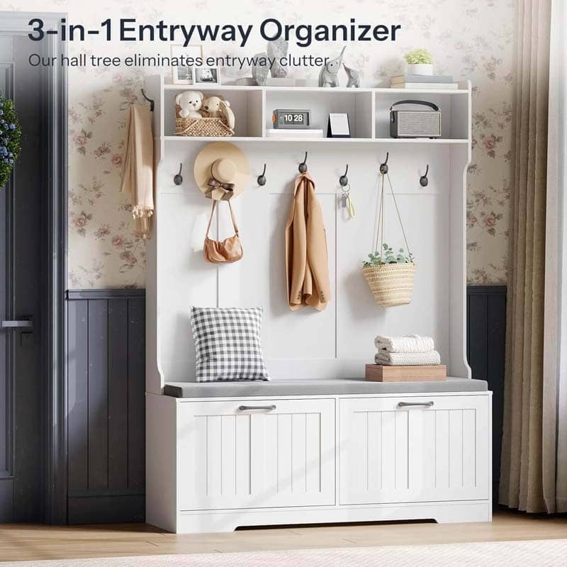 3-in-1 Entryway Organizer with storage bench, hooks, and shelves in a hallway setting.
