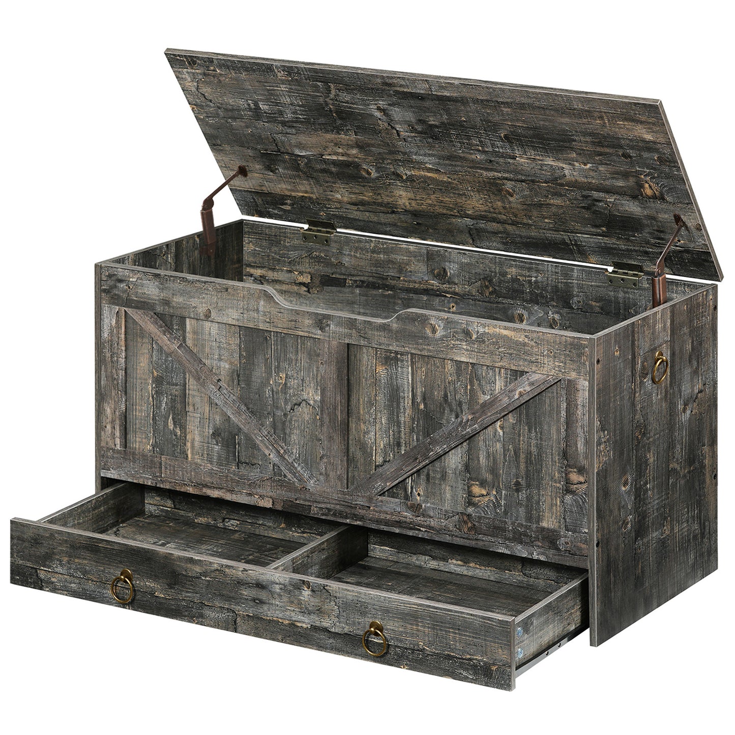 HOOBRO 39.3-inch Wooden Toy Box Storage Box with Drawers & Safety Hinges & U-Shaped Opening