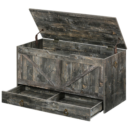 HOOBRO 39.3-inch Wooden Toy Box Storage Box with Drawers & Safety Hinges & U-Shaped Opening