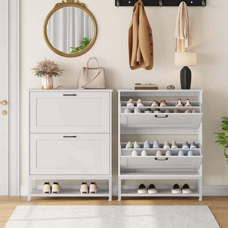 Two HOOBRO slim white hidden shoe cabinets placed in an entryway under a round mirror, one open and one closed.