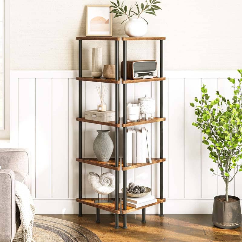 A 5-tier open shelving unit with dark brown wood shelves and black metal legs, styled with home decor items in a bright living room setting.