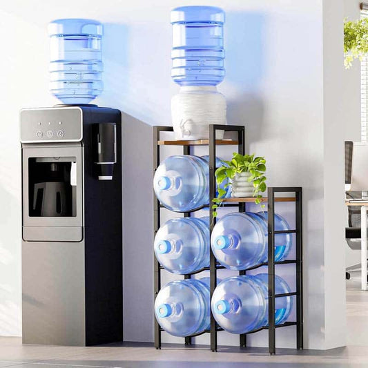 Industrial style 5-gallon water jug holder station with wooden shelves next to an office water dispenser.