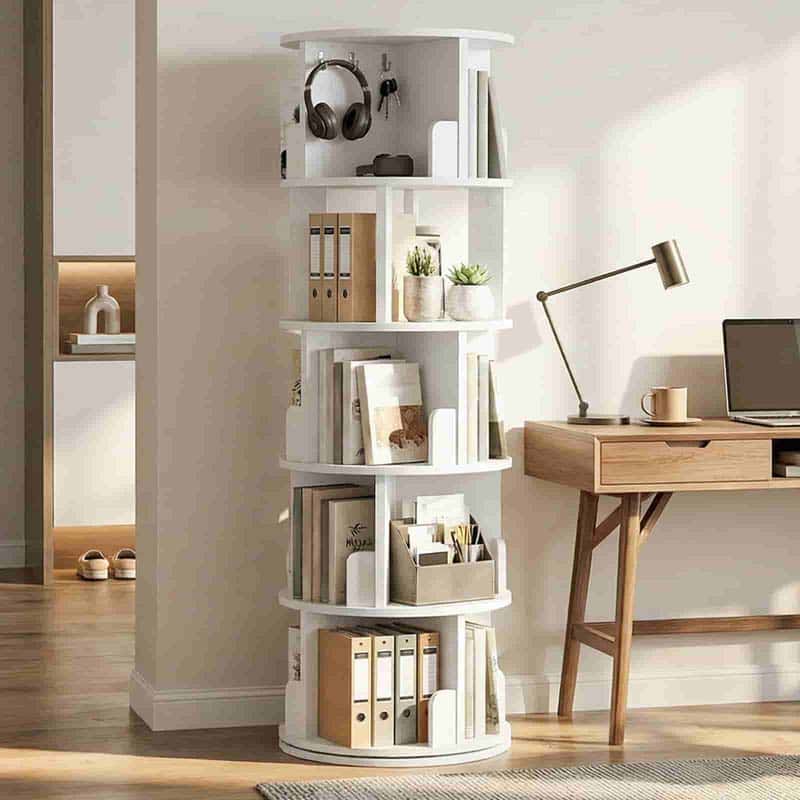 Modern white 360-degree rotating bookshelf styled with books, folders, and headphones next to a wooden desk.