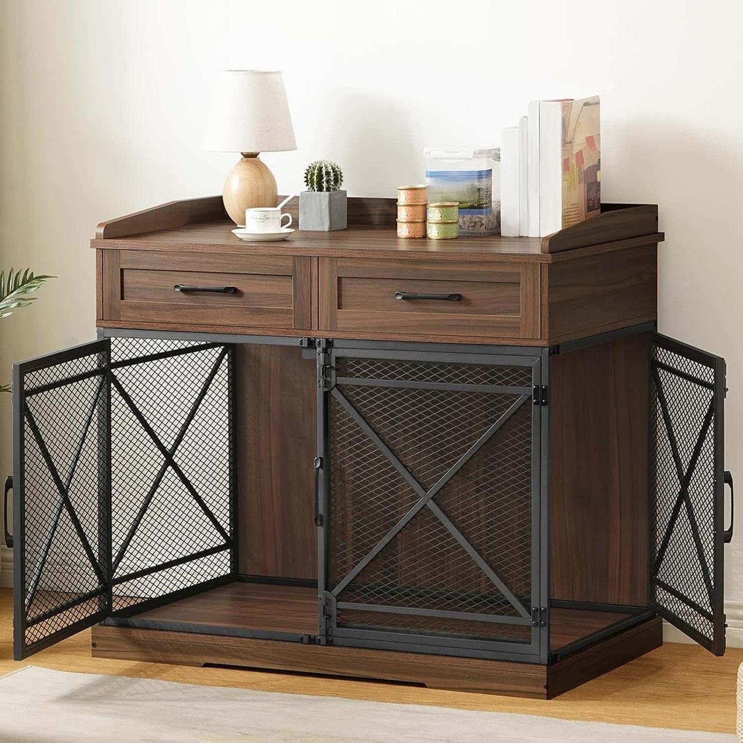 Wooden desk with metal mesh doors in a room setting