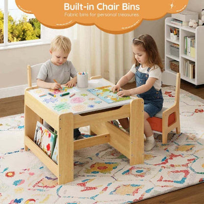 Children playing at a wooden table with built-in chair bins in a room with books and a window.