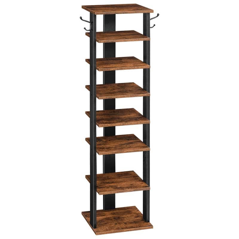 Slim 8-tier skinny shoe tower organizer in rustic brown with side hanging hooks.