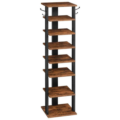Slim 8-tier skinny shoe tower organizer in rustic brown with side hanging hooks.