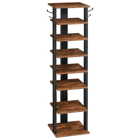 Slim 8-tier skinny shoe tower organizer in rustic brown with side hanging hooks.