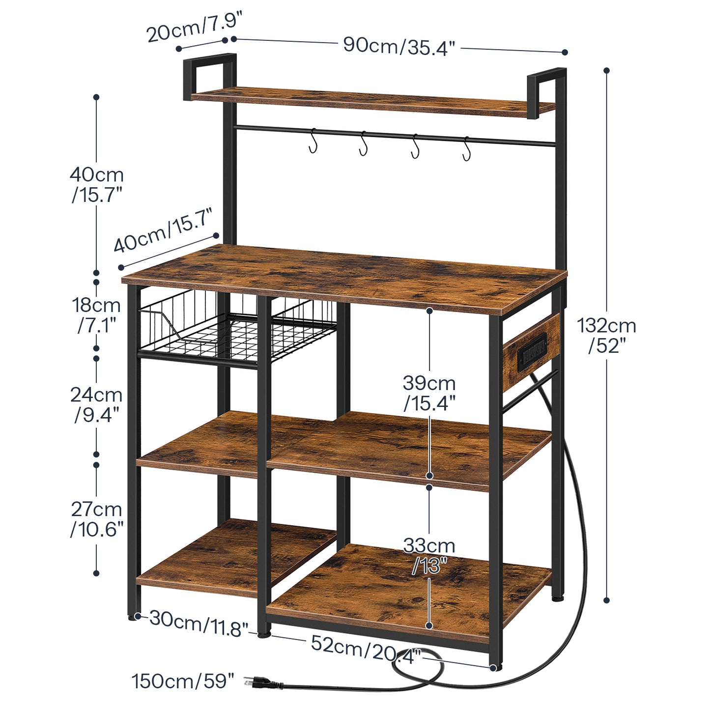 HOOBRO 35.4-inch Bakers Rack with Power Outlet & Mesh Basket & Microwave Bracket