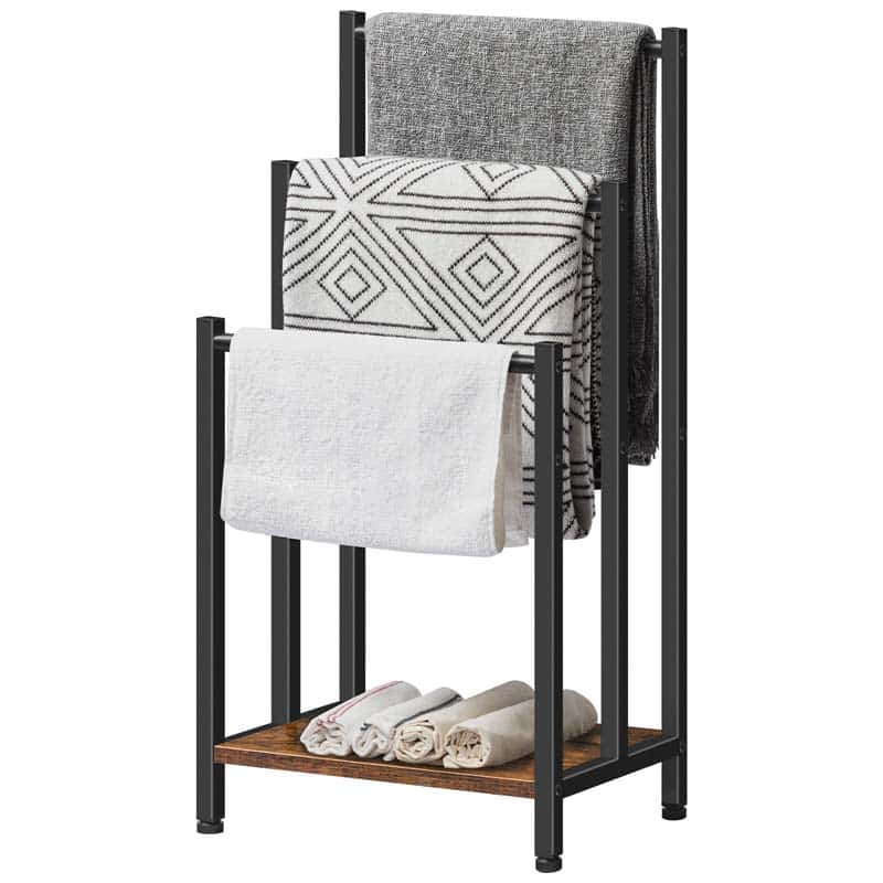 Towel rack with folded towels on a white background