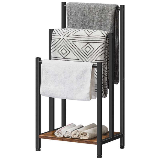 Towel rack with folded towels on a white background