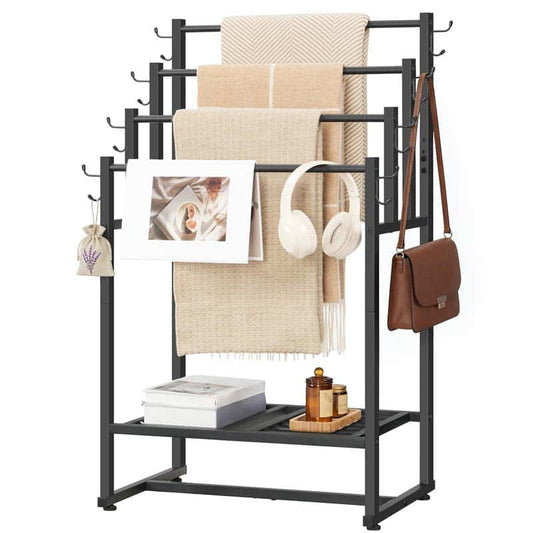 Black metal rack with hooks and shelves holding various items on a white background