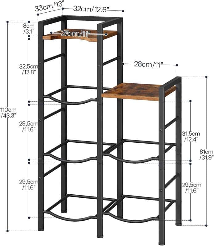 Detailed size chart for the 2-row water bottle rack measuring 25.2 by 13 by 43.3 inches.