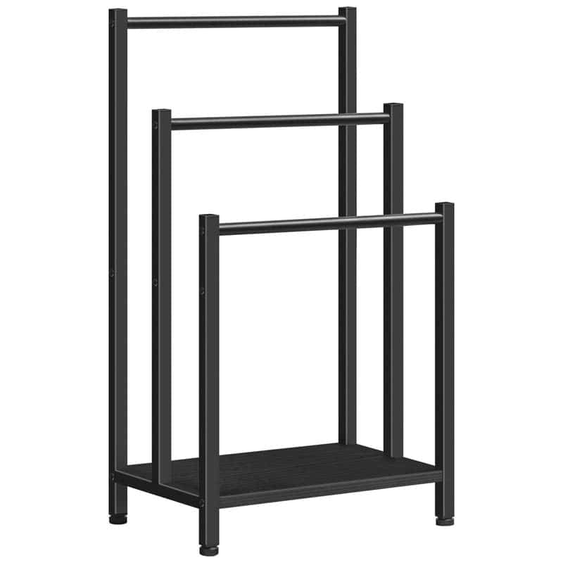 Black metal towel rack with three shelves on a white background