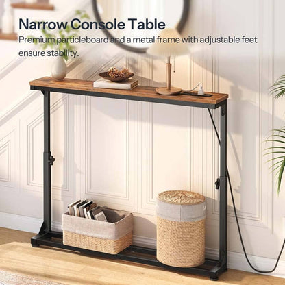 Narrow console table with wooden top and metal frame in a room setting.
